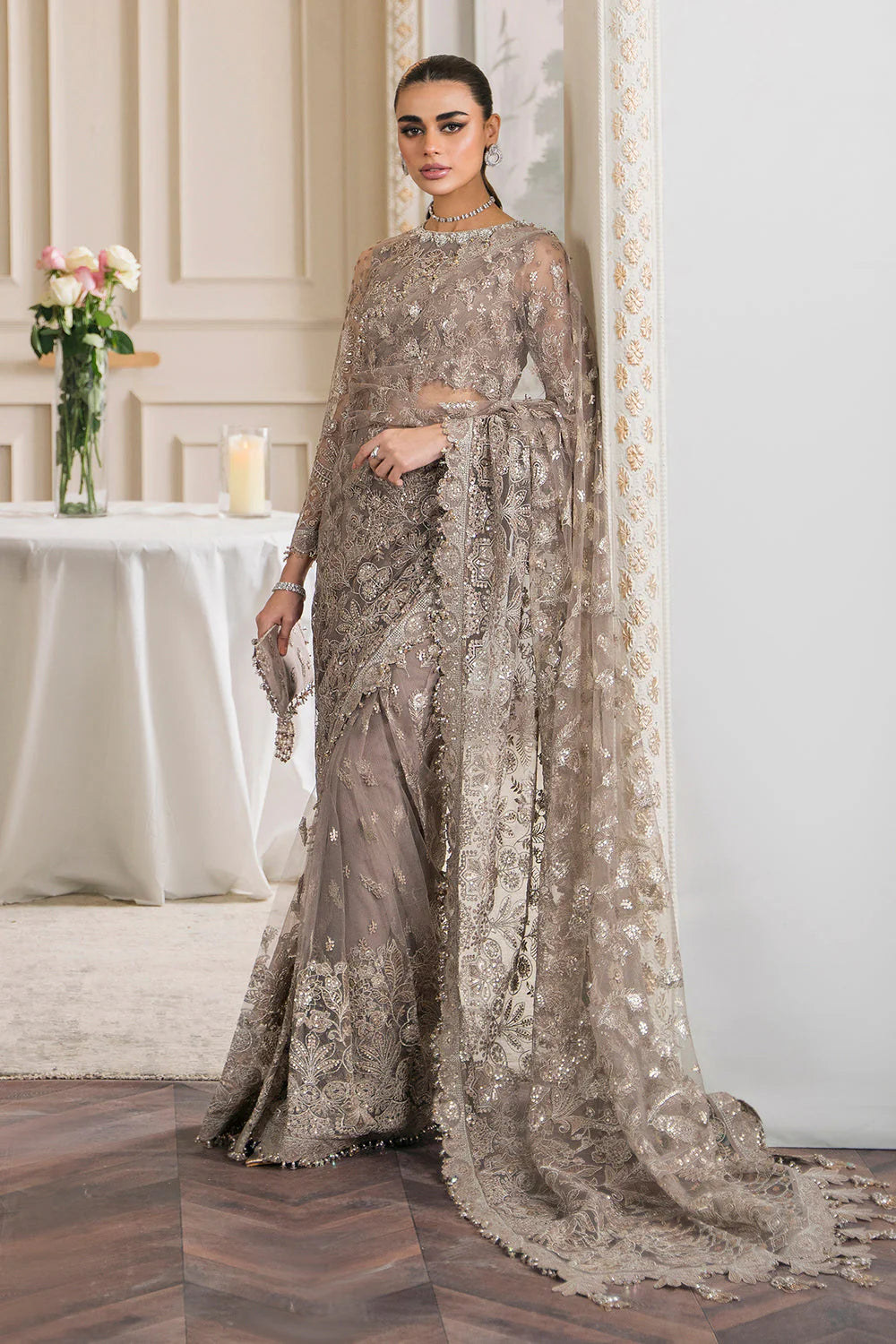 Baroque Brown Bridal Saree Net Unstitch